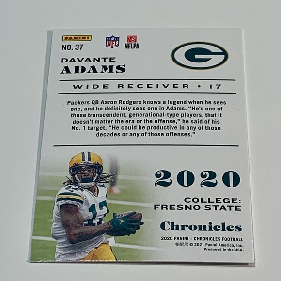 🏈 4/$25 2020 PANINI CHRONICLES - [BASE] #37 - DAVANTE ADAMS NFL TRADING CARD 🏈 - Picture 2 of 3